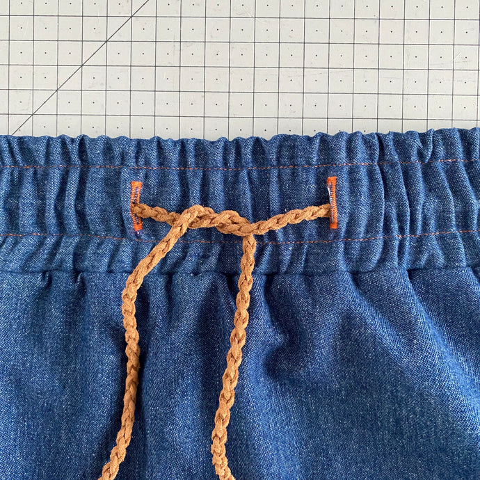 Adding a drawstring to the elasticated waistband on Edith and Olive!