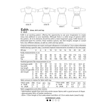 Load image into Gallery viewer, Edith dress, skirt and top sewing pattern, back view of packaging showing four views, measurements, and fabric allowance in metric units