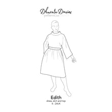 Load image into Gallery viewer, Edith dress, skirt and top sewing pattern, front illustration for packaging