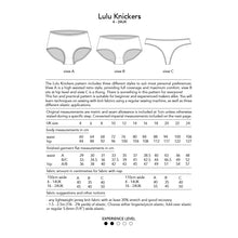 Load image into Gallery viewer, Lulu knickers sewing pattern by dhurata davies, view of the back of the pattern package, showing measurements and fabric info
