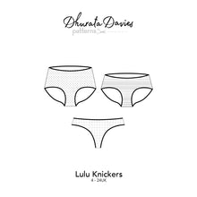 Load image into Gallery viewer, Lulu knickers sewing pattern by dhurata davies, front view of the pattern packaging showing three different versions
