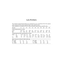 Load image into Gallery viewer, Lulu knickers sewing pattern by dhurata davies, page showing imperial measurements and fabric info