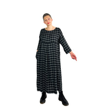 Load image into Gallery viewer, Martha dress pattern view B on model in black and white grid viscose fabric - tapered sleeves, three shallow inverted pleats on skirt, front view