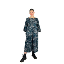 Load image into Gallery viewer, Martha dress pattern view A on model in navy and white floral double gauze - hands in pockets