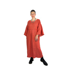 Load image into Gallery viewer, Martha dress pattern view A on model in heavyweight coral linen - wide sleeves, deep pleats, full front view