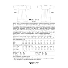 Load image into Gallery viewer, Martha dress pattern envelope back - view illustrations, measurement charts, fabric requirements in metric