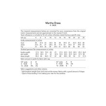 Load image into Gallery viewer, Martha dress pattern imperial measurements chart - fabric allowance and sizing information in inches