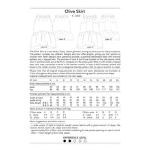 Load image into Gallery viewer, Olive skirt sewing pattern by Dhurata Davies, back of packaging showing all four views, body measurements, and fabric requirements in metric units