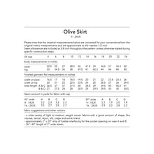 Load image into Gallery viewer, Olive skirt sewing pattern, packaging page showing imperial measurements and fabric requirements