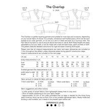 Load image into Gallery viewer, The Overlap sewing pattern by dhurata davies, back packaging, showing the back and front diagrams, as well as measurements and fabric allowance details