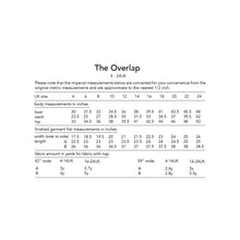 Load image into Gallery viewer, The Overlap sewing pattern by dhurata davies, page showing the imperial measurements and fabric allowance details