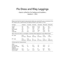 Load image into Gallery viewer, flo dress and riley leggings sewing pattern for babies and toddlers by dhurata davies, imperial measurements and fabric allowance info