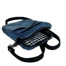 Load image into Gallery viewer, minnie bag sewing pattern by dhurata davies, open zipper view of the recycled denim rectangular bag, showing the gingham lining inside