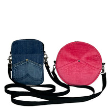 Load image into Gallery viewer, minnie bag sewing pattern by dhurata davies, denim rectangular version on the left, with the pink velvet round version on the left, both with black straps