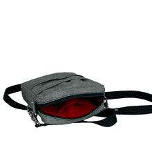 Load image into Gallery viewer, minnie bag sewing pattern by dhurata davies, open zipper view of the grey rectangular bag, showing the red lining fabric inside