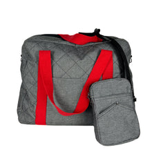 Load image into Gallery viewer, minnie bag sewing pattern by dhurata davies, front view of the grey rectangular bag with black strap, placed in front of the rome weekender bag made in the same grey fabric, to show compatibility