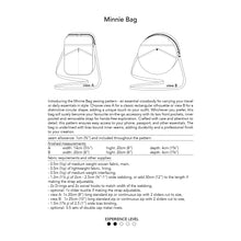Load image into Gallery viewer, minnie bag sewing pattern by dhurata davies, back of the packaging with the measurement and fabric allowance info