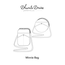 Load image into Gallery viewer, minnie bag sewing pattern by dhurata davies, front diagram with the two different shapes of the bag, front packaging