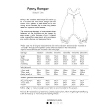 Load image into Gallery viewer, penny romper sewing pattern for babies and toddlers, by dhurata davies,  view of the back of the packaging, showing the measurements and fabric info