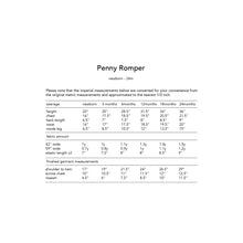 Load image into Gallery viewer, penny romper sewing pattern for babies and toddlers, by dhurata davies,  view of the page, showing the imperial measurements and fabric info