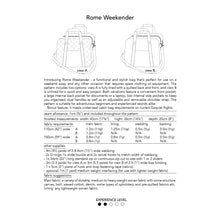 Load image into Gallery viewer, rome weekender, travel cabin bag sewing pattern by dhurata davies, back of packaging, showing the two versions, measurements and fabric info