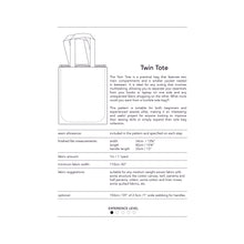 Load image into Gallery viewer, twin tote, bag sewing pattern by dhurata davies, back of the pattern packaging with measurements and fabric info