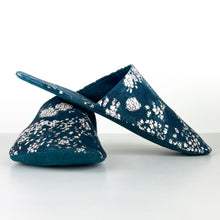 Load image into Gallery viewer, whisper slippers sewing pattern by dhurata davies, made in a small white floral pattern on a blue background, side view