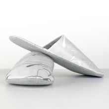 Load image into Gallery viewer, whisper slippers sewing pattern by dhurata davies, side view of the plain version, made in a quilted nani iro fabric