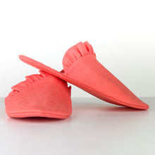 Load image into Gallery viewer, whisper slippers sewing pattern by dhurata davies, side view of the frilled version, made in coral linen