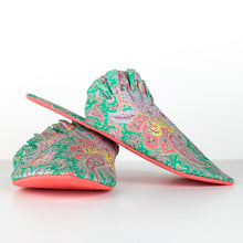 Load image into Gallery viewer, whisper slippers sewing pattern by dhurata davies, side view of the frilled version, made in liberty fabric