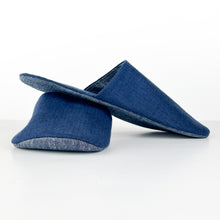 Load image into Gallery viewer, whisper slippers sewing pattern by dhurata davies, side view of the plain version, made in navy blue fabric