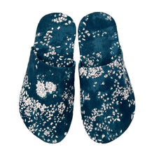 Load image into Gallery viewer, whisper slippers sewing pattern by dhurata davies, made in a small white floral pattern on a blue background