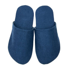 Load image into Gallery viewer, whisper slippers sewing pattern by dhurata davies, the plain version made in a dark blue herringbone brushed cotton fabric