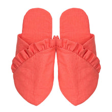 Load image into Gallery viewer, whisper slippers sewing pattern by dhurata davies, the frilled version made in a coral colour linen