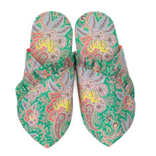Load image into Gallery viewer, whisper slippers sewing pattern by dhurata davies, the frilled version made in a green floral liberty of london tana lawn cotton fabric