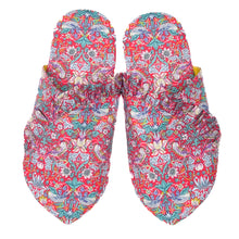 Load image into Gallery viewer, whisper slippers sewing pattern by dhurata davies, the frilled version made in a strawberry thief design on red background, liberty fabrics tana lawn cotton