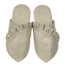 Load image into Gallery viewer, whisper slippers sewing pattern by dhurata davies, the frilled version made in gold printed linen fabric, front view