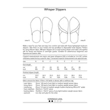 Load image into Gallery viewer, whisper slippers sewing pattern by dhurata davies, back of packaging showing the two versions, the measurements and fabric info
