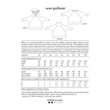 Load image into Gallery viewer, Information page of Wren Pullover sewing pattern showing diagrams of all views (A, B, C), metric measurements chart, fabric suggestions, and required fabric amounts.