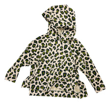 Load image into Gallery viewer, Flat lay of Wren Pullover View A hoodie in leopard print fabric, showing front, sleeves, and hood.