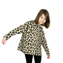 Load image into Gallery viewer, Front view of child model wearing Wren Pullover View A hoodie in leopard print fabric, hood down.