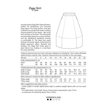 Load image into Gallery viewer, Ziggy Skirt sewing pattern by Dhurata Davies, back diagram with description, measurements, and fabric allowance in metres and centimetres