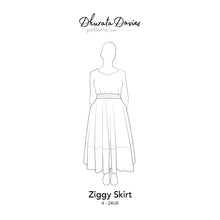Load image into Gallery viewer, Ziggy Skirt sewing pattern by Dhurata Davies, front technical diagram showing skirt with hands in pockets