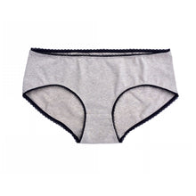 Load image into Gallery viewer, Lulu knickers sewing pattern by dhurata davies, front view of the hip level knickers, made in off white fabric and black picot elastic