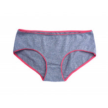 Load image into Gallery viewer, Lulu knickers sewing pattern by dhurata davies, front view of the hip level knickers, made in grey fabric and pink picot elastic