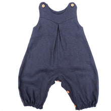 Load image into Gallery viewer, penny romper sewing pattern for babies and toddlers, by dhurata davies,  front view of the romper made in a charcoal grey linen fabric