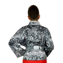 Load image into Gallery viewer, The Overlap sewing pattern by dhurata davies, back view of the speckled grey short version, belted,