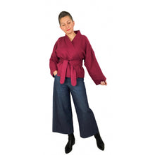 Load image into Gallery viewer, The Overlap sewing pattern by dhurata davies, front belted view of the burgundy short  jacket version