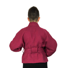 Load image into Gallery viewer, The Overlap sewing pattern by dhurata davies, back view of the short burgundy version, showing the wide belt loops and belt
