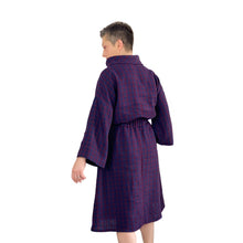 Load image into Gallery viewer, Edith sewing pattern – back view of mid-length linen dress with funnel neck, long wide sleeves, elasticated waist, straight hem, plum and navy checkered fabric